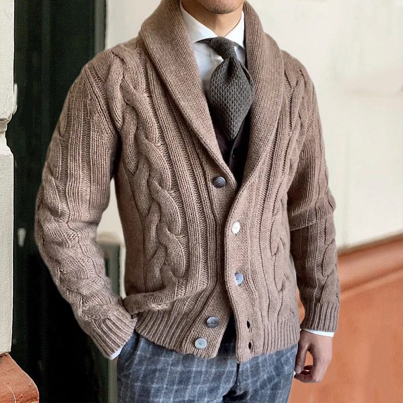 Man wearing a textured knit cardigan
